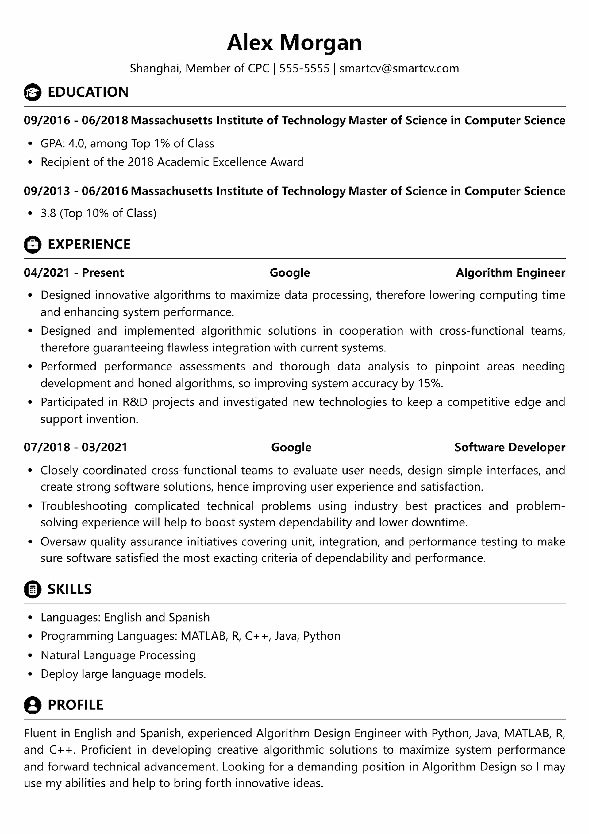 Example of a algorithm engineer resume template